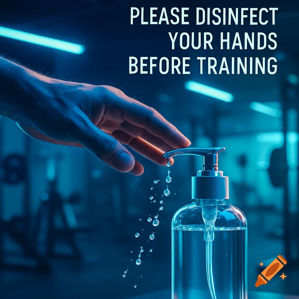 Photorealistic image of a hand sanitizing in a blue-lit gym, text reads 'PLEASE DISINFECT YOUR HANDS BEFORE TRAINING'.