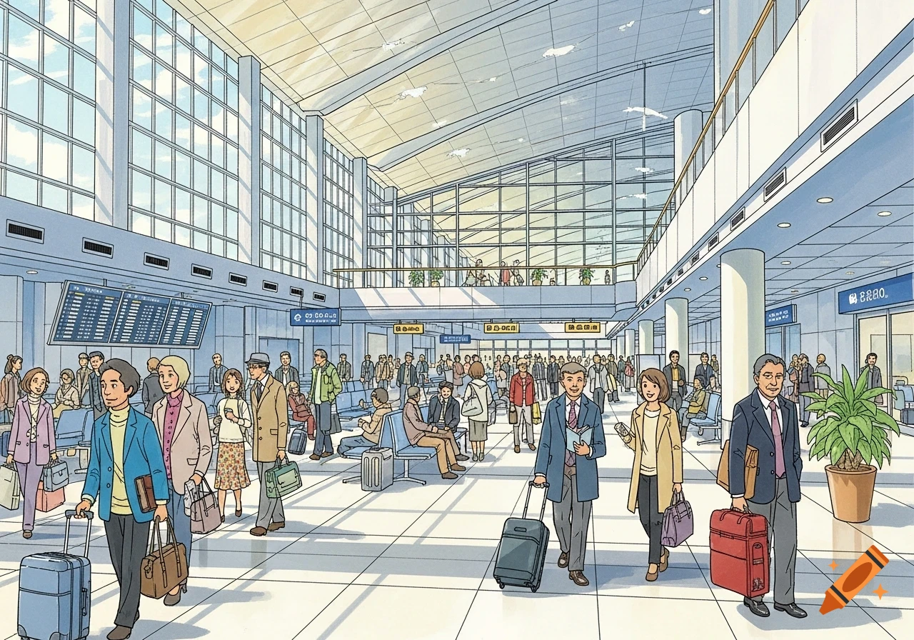 Manga style illustration of a busy airport departure lounge with many travelers and large windows.