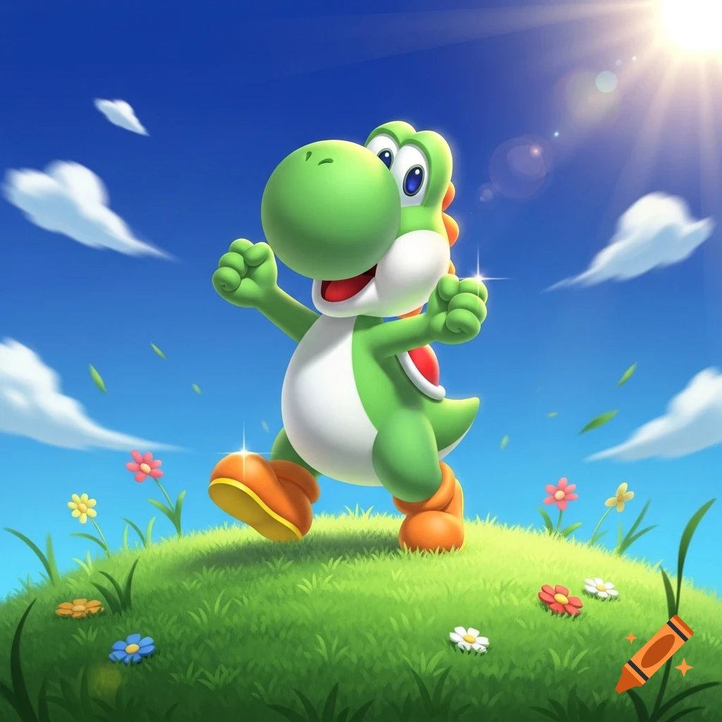 A bright green Yoshi character joyfully skips on a sunny grassy hill with small flowers, under a blue sky with white clouds.