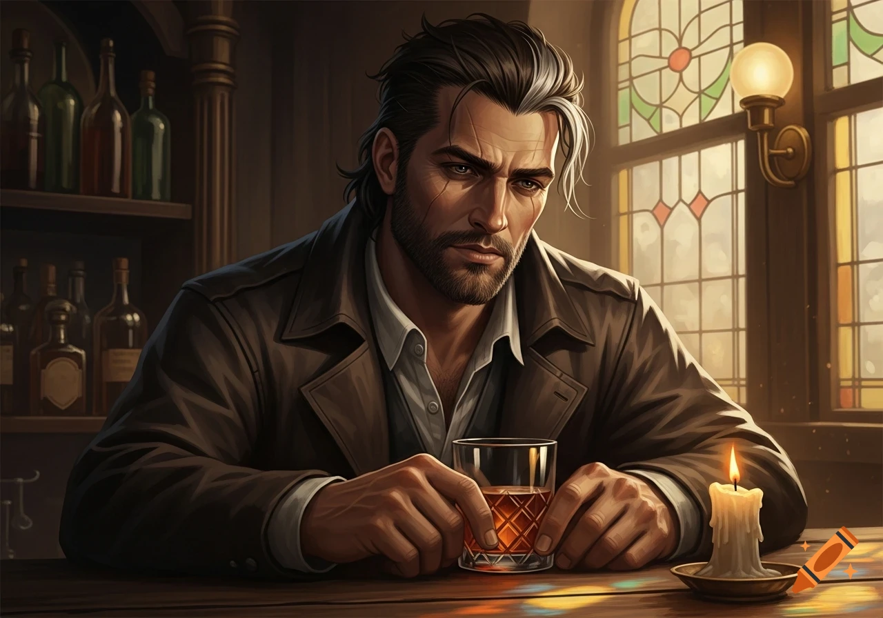 A rugged man with dark hair and a silver streak, a beard, and a trench coat sits at a bar holding a glass of whiskey next to a lit candle. A stained glass window is in the background.