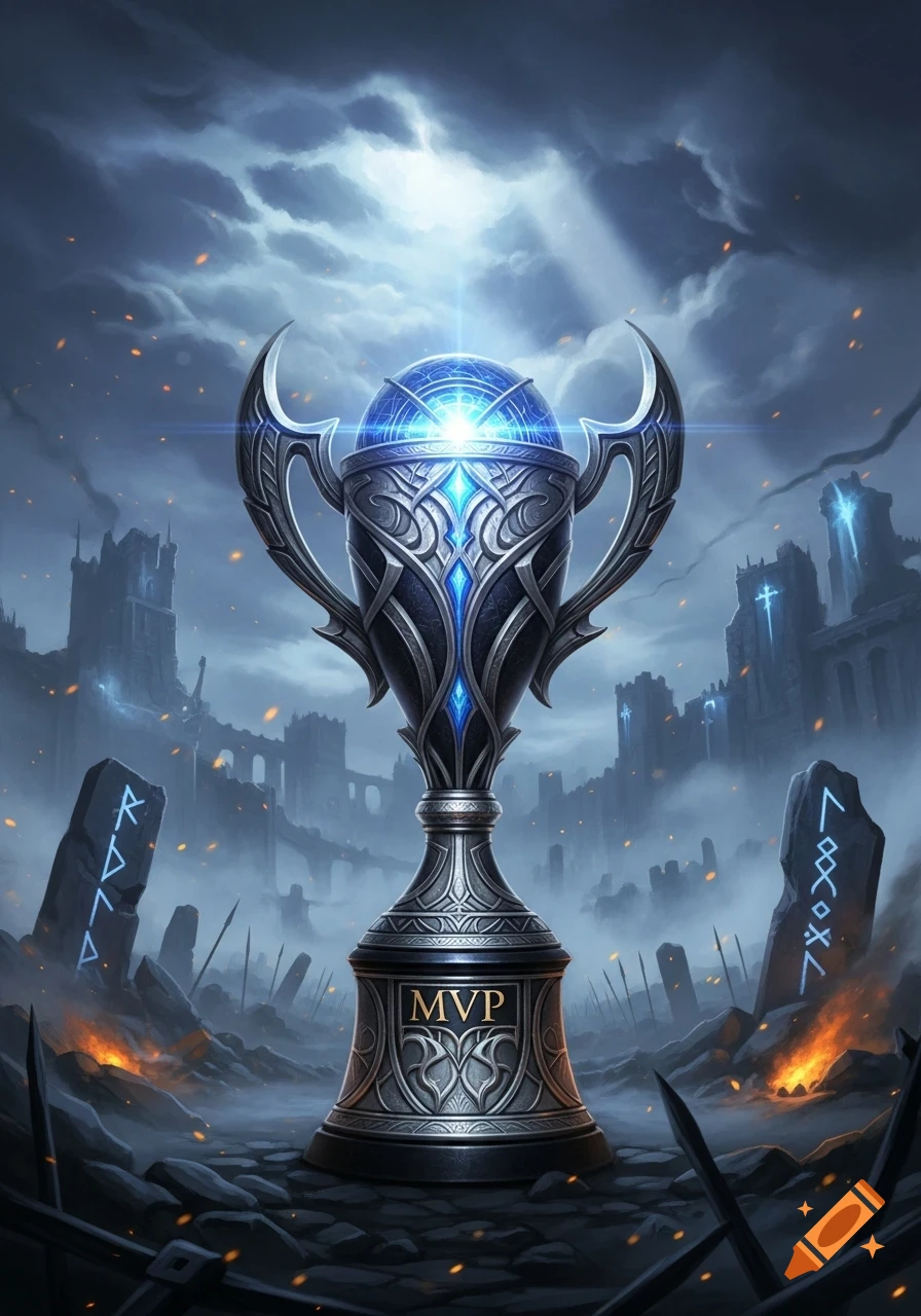 Ornate dark fantasy MVP trophy with a glowing blue orb, set against stormy ruins with embers and runes under a dramatic sky.