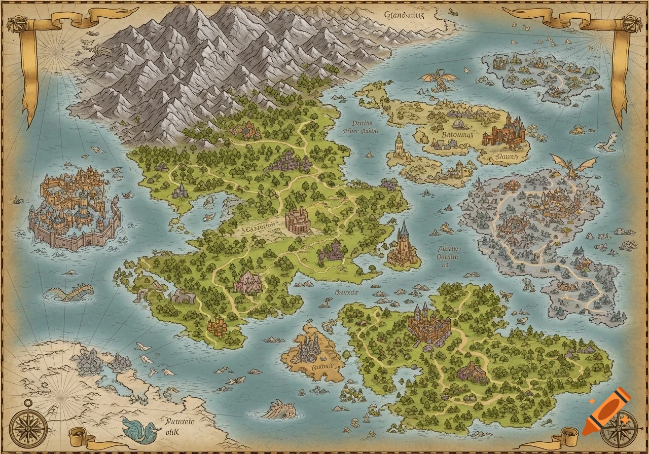 An intricately detailed fantasy world map in a vintage style, showing continents with mountains, forests, castles, islands, and mythical sea creatures.