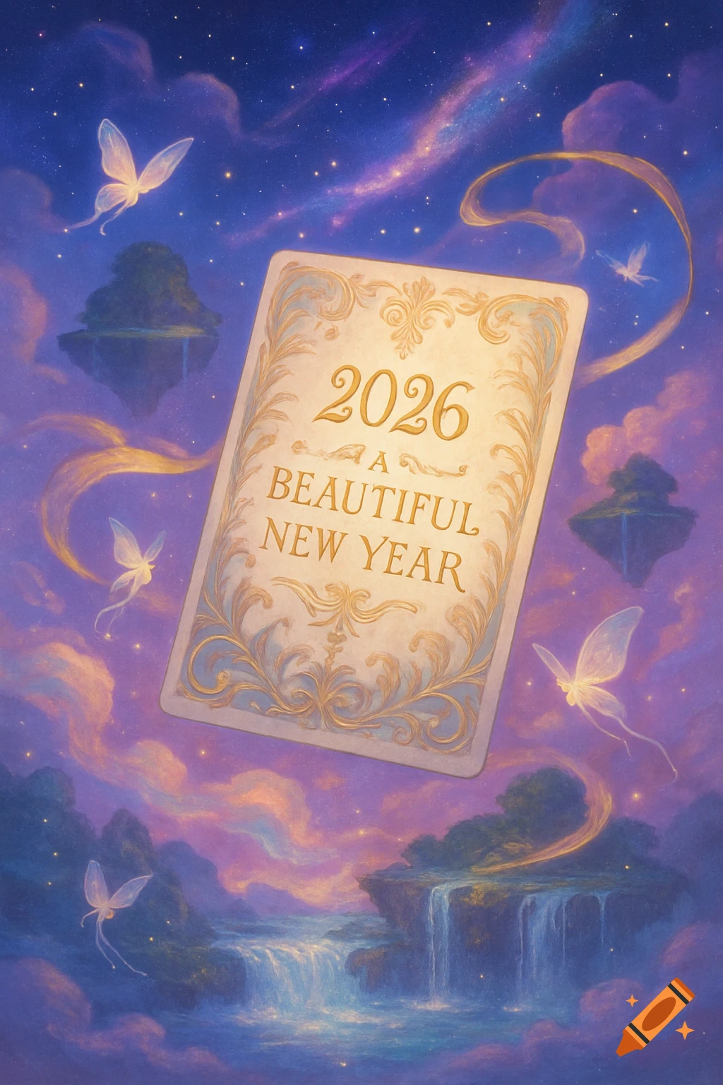 A whimsical card '2026 A BEAUTIFUL NEW YEAR' floats in a dreamy, starry sky with glowing butterflies, floating islands, and waterfalls.