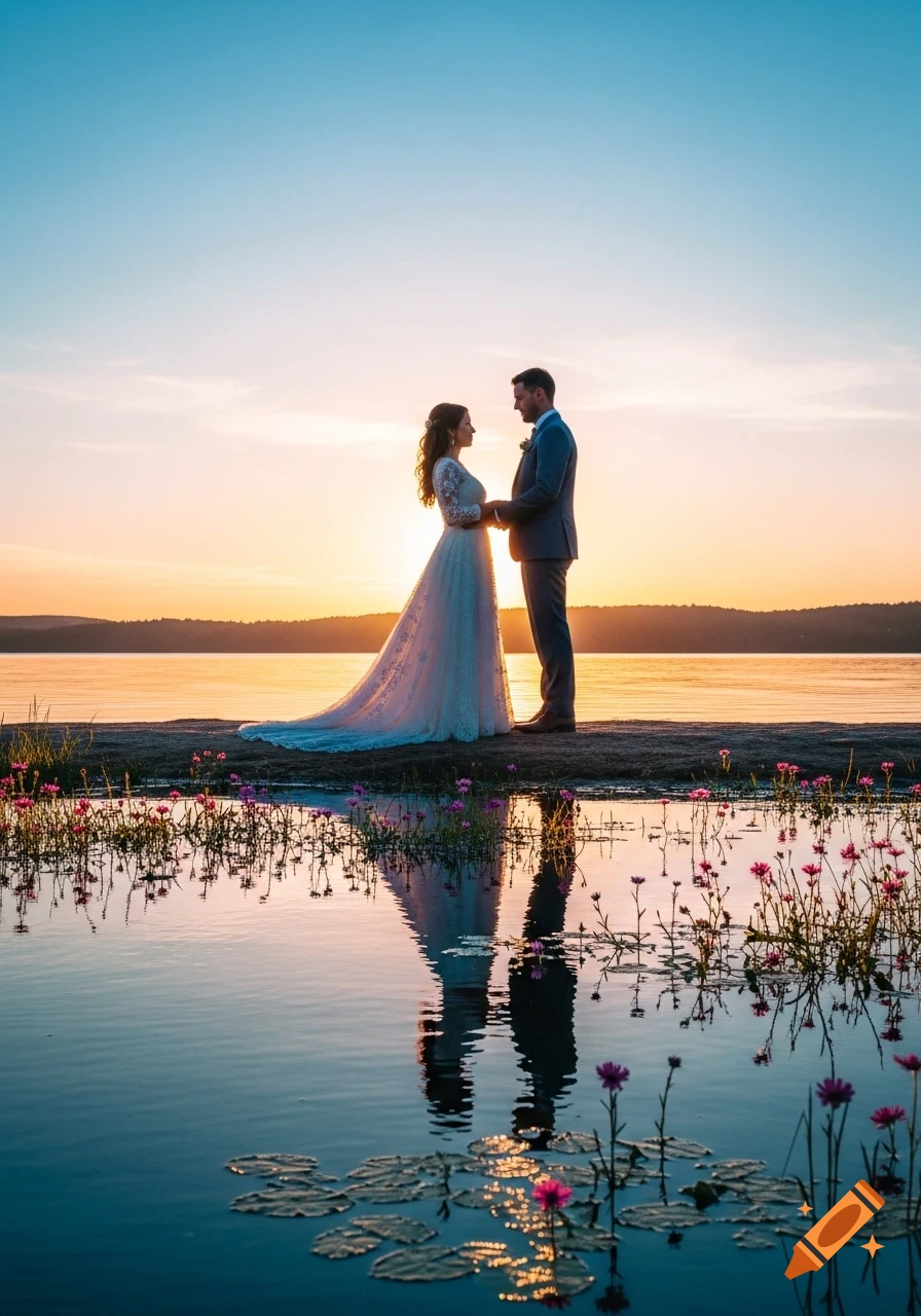 A photorealistic image of a wedding couple holding hands and looking at each other by a lake at sunset, with wildflowers.