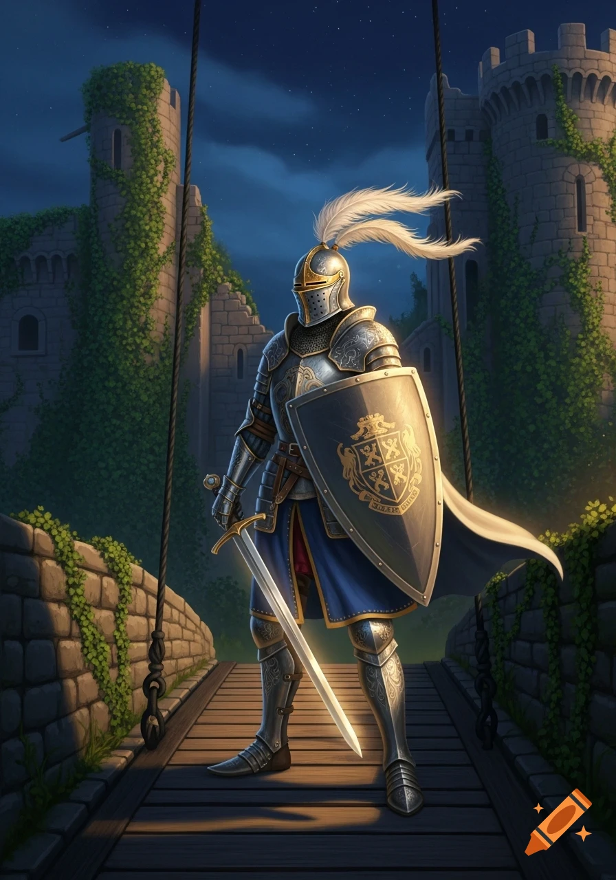 A magnificent knight in ornate armor with a shield and glowing sword stands on a drawbridge before a ruined castle at night, in a fantasy art style.