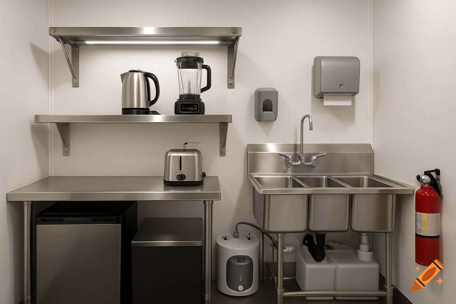 A clean, modern commercial kitchen station featuring stainless steel shelves, a three-compartment sink, a blender, a kettle, and a toaster.