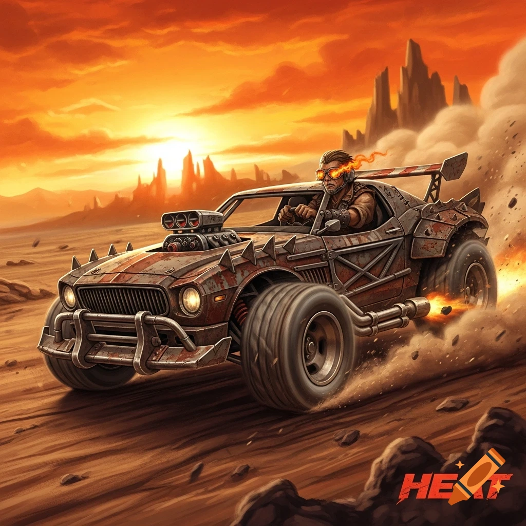 A fierce driver in a rusty, spiked Mad Max-style car races through a dusty desert at sunset, with 'HEAT' on the ground.