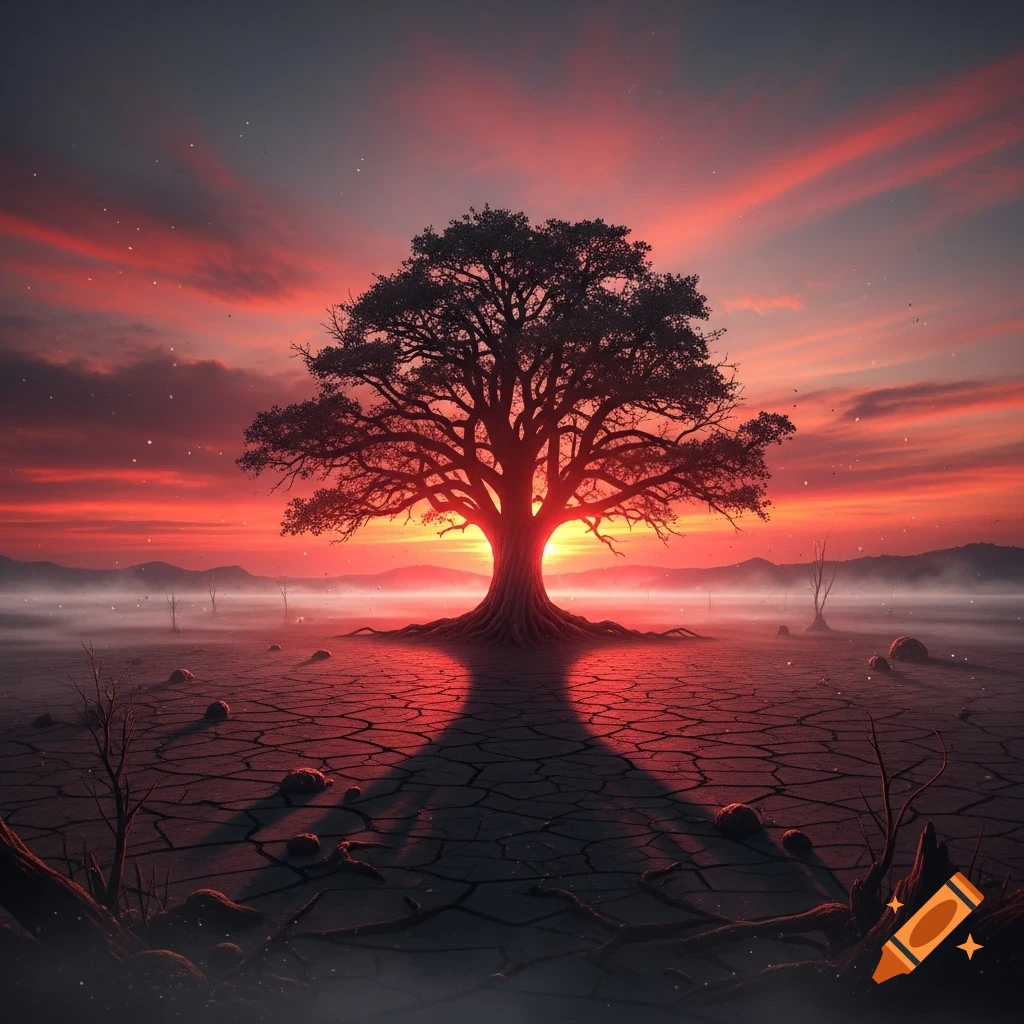 A large, solitary tree stands in a barren, cracked earth landscape under a dramatic red and orange sunset with a misty background.