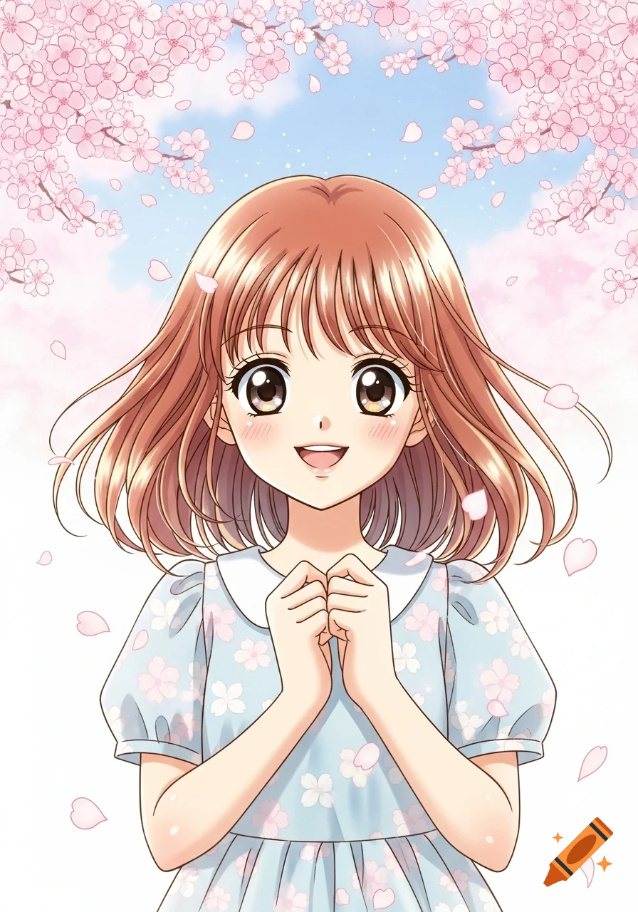 An anime girl with brown hair in a blue floral dress smiles under a sky filled with pink cherry blossoms.