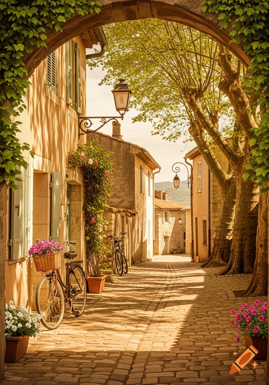 Cobblestone street in a European village framed by a vine-covered arch, with old buildings, bicycles, and blooming flowers.