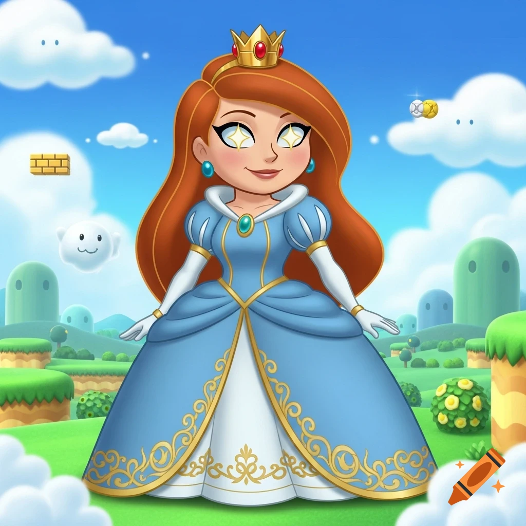 A cartoon princess with long red hair, sparkling eyes, a light blue gown, and a crown in a Super Mario Bros. landscape.