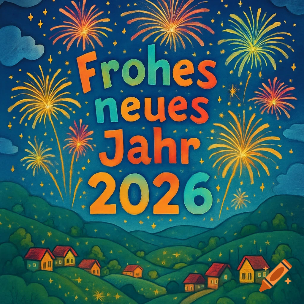 Cartoon-style New Year's greeting card with colorful fireworks over a village at night, text 'Frohes neues Jahr 2026'.