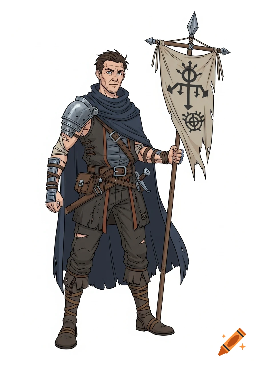 A male fantasy warrior in dark rags and armor holds a tattered banner with an arcane symbol on a white background, in a D&D style line-art.