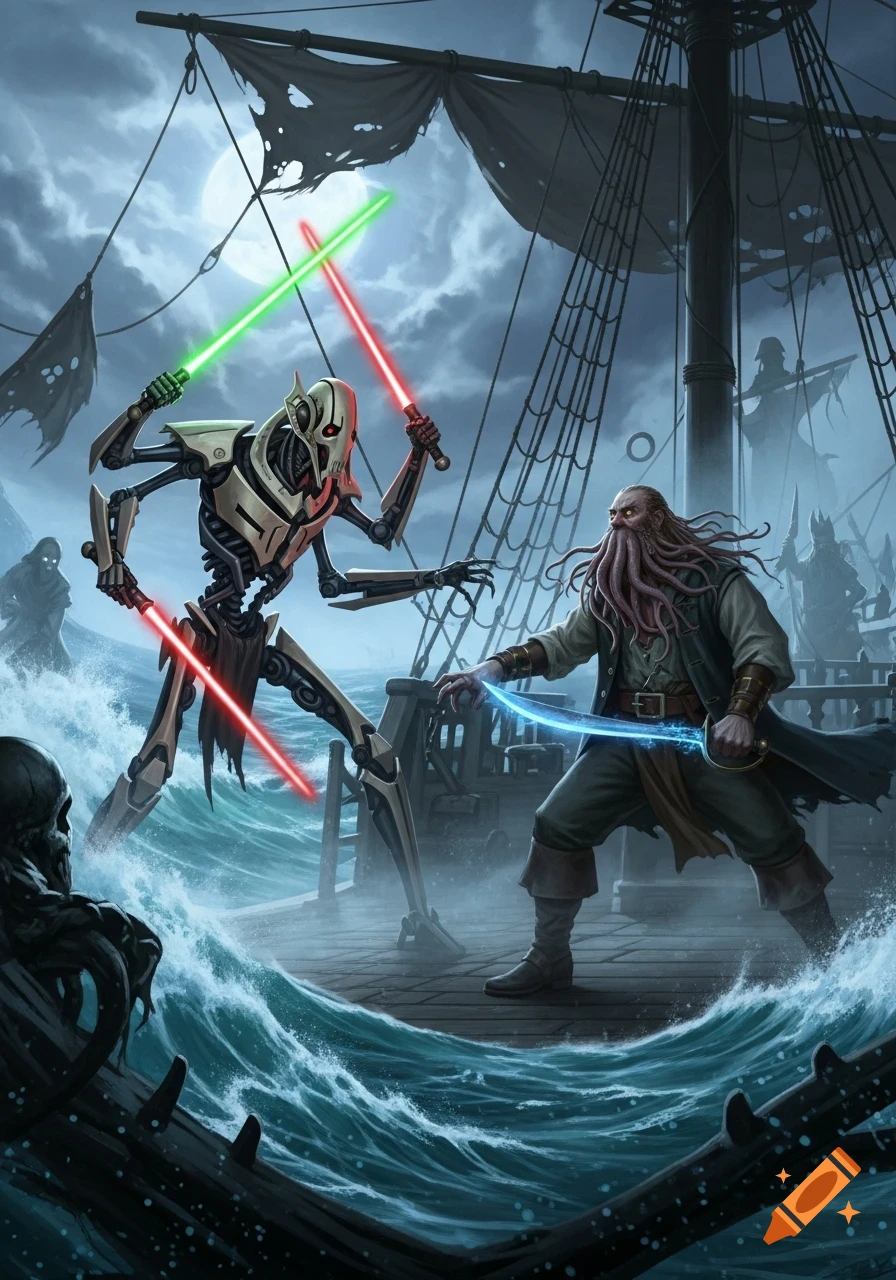 General Grievous fights Davy Jones with lightsabers on a stormy pirate ship under a full moon in a dynamic digital illustration.