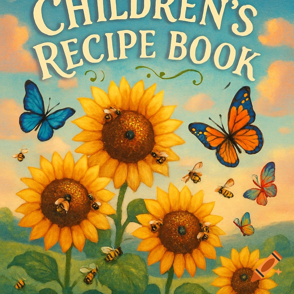 Colorful illustration for a children's recipe book cover with bright sunflowers, busy bees, and various butterflies against a blue sky.