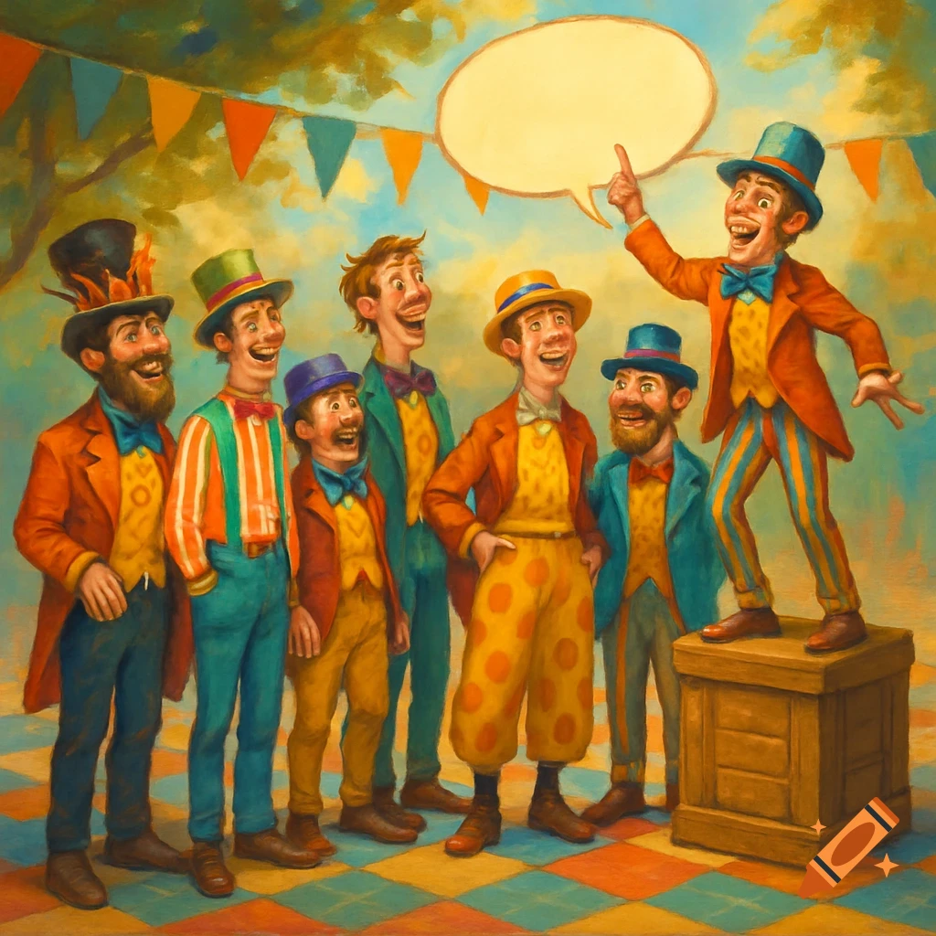 A group of happy men in colorful, whimsical outfits, one standing on a box pointing at an empty speech bubble, in a painting style.