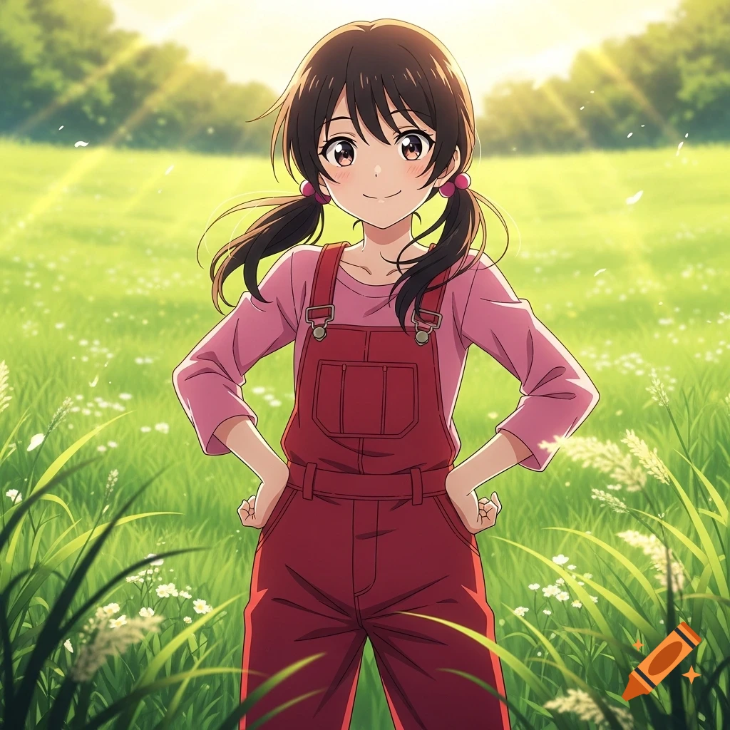 An anime girl with dark brown pigtails, wearing a pink long-sleeved shirt and red overalls, smiles in a sunny green field.