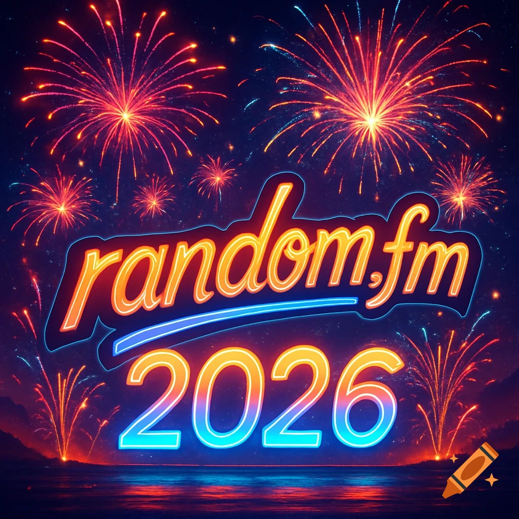 A neon-style logo for "random.fm 2026" glows against a dark night sky illuminated by vibrant fireworks over a body of water.