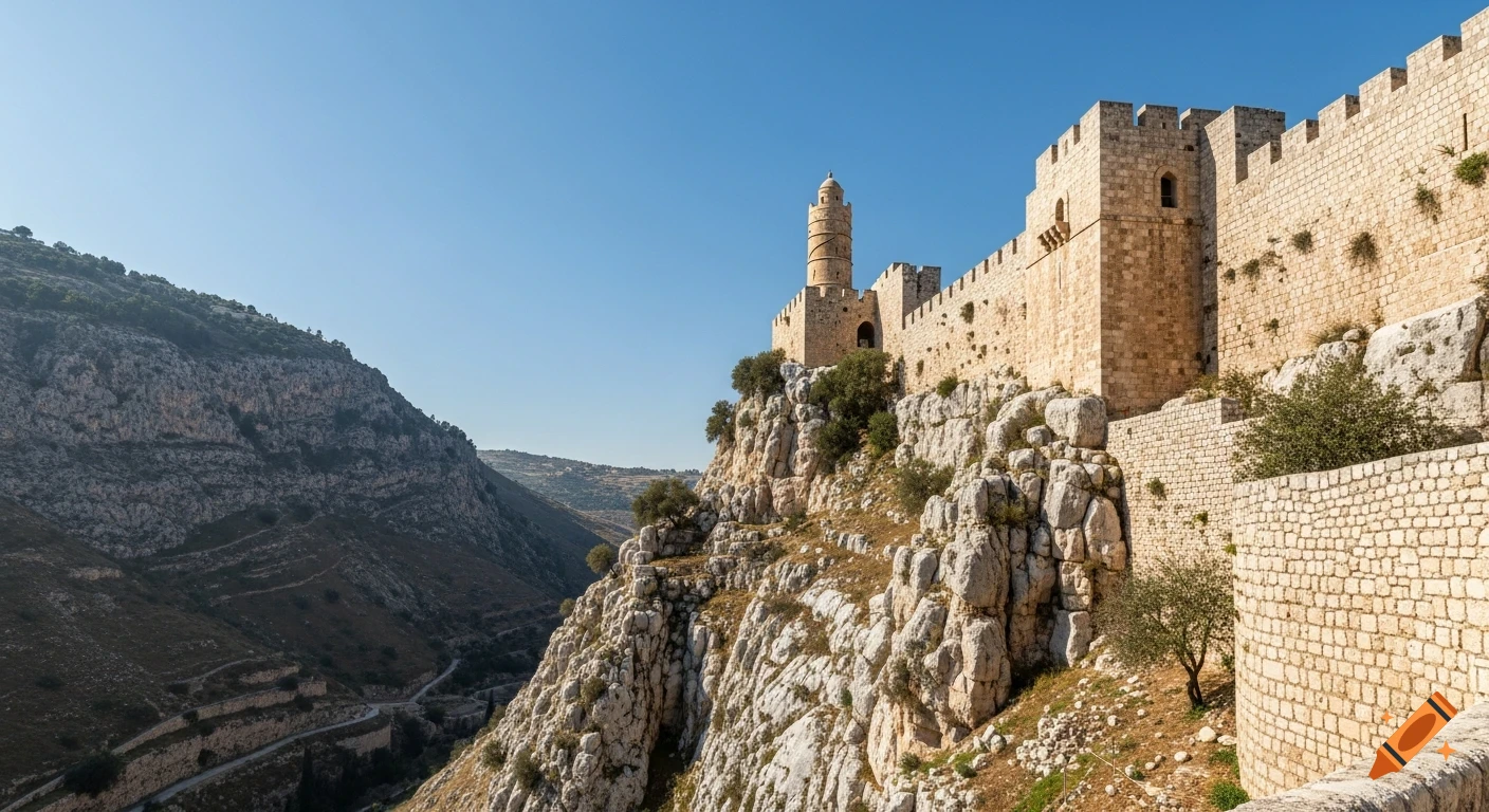 Ancient stone fortress with a prominent tower on a steep cliff ...