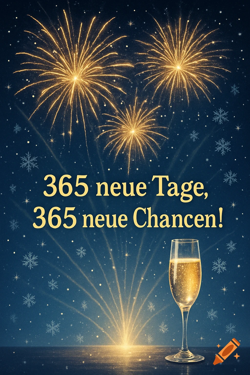 Golden fireworks and snowflakes fill a dark blue sky above a champagne glass, with German text '365 neue Tage, 365 neue Chancen!'.