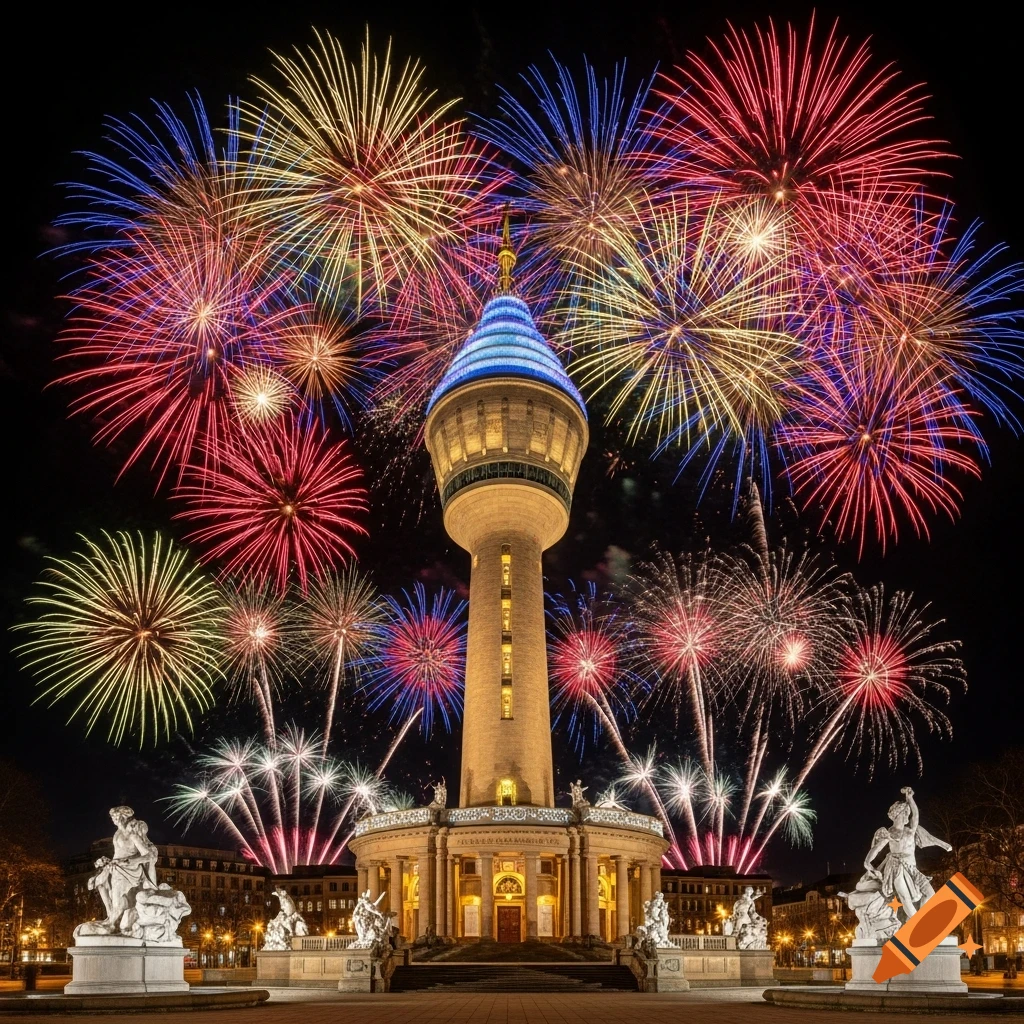A majestic illuminated water tower stands against a night sky filled with a vibrant display of red, blue, and gold fireworks, surrounded by classical statues.