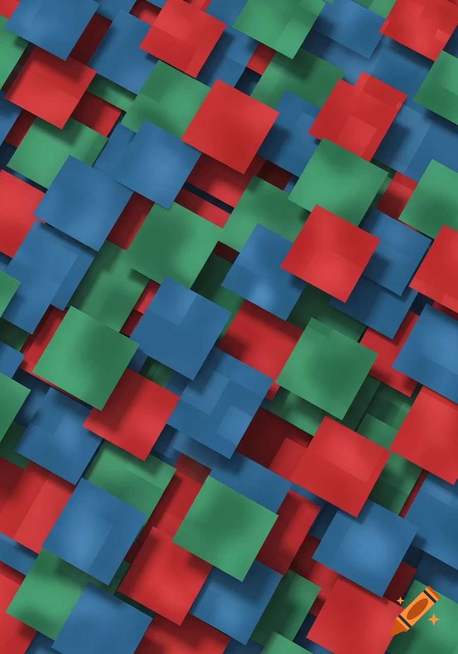 A diagonal pattern of overlapping red, green, and blue squares with subtle shadows.