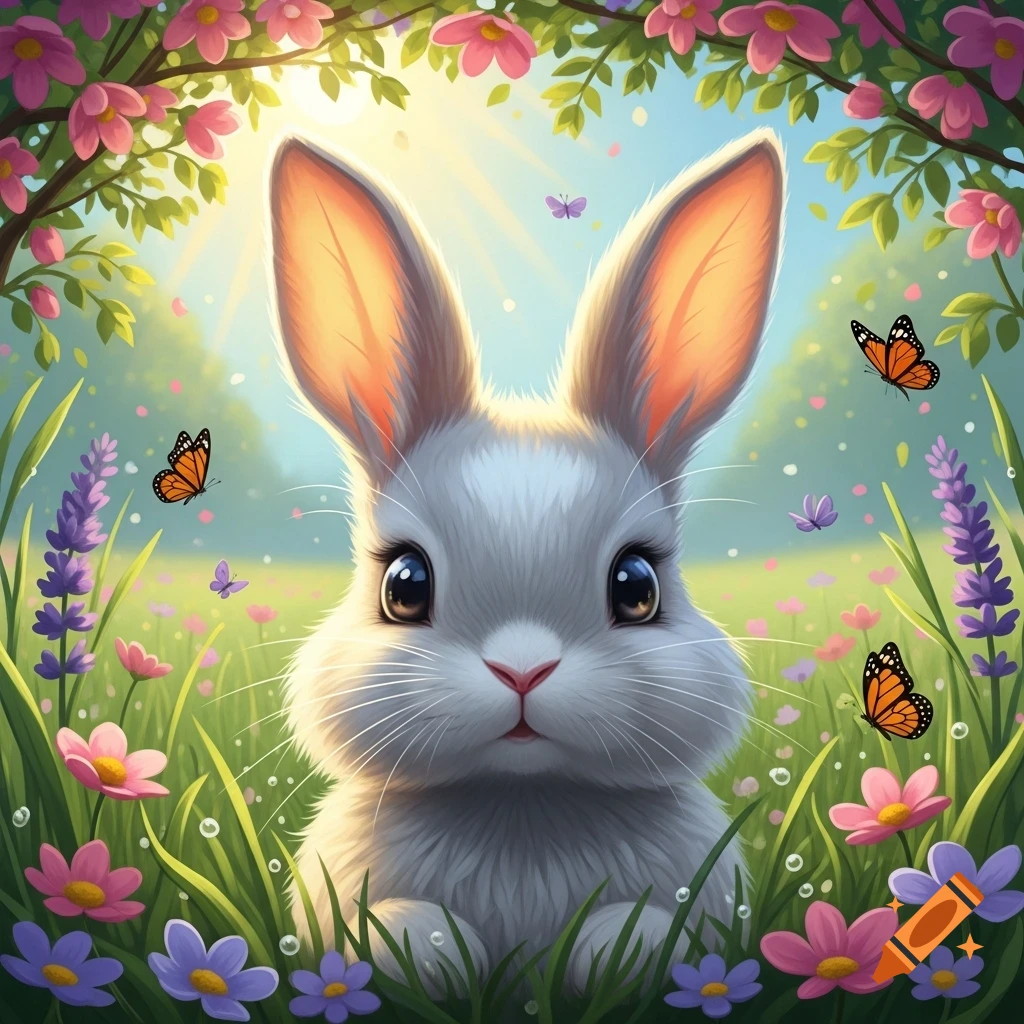 Cute cartoon bunny with big eyes sits among colorful flowers and butterflies in a sunny field.