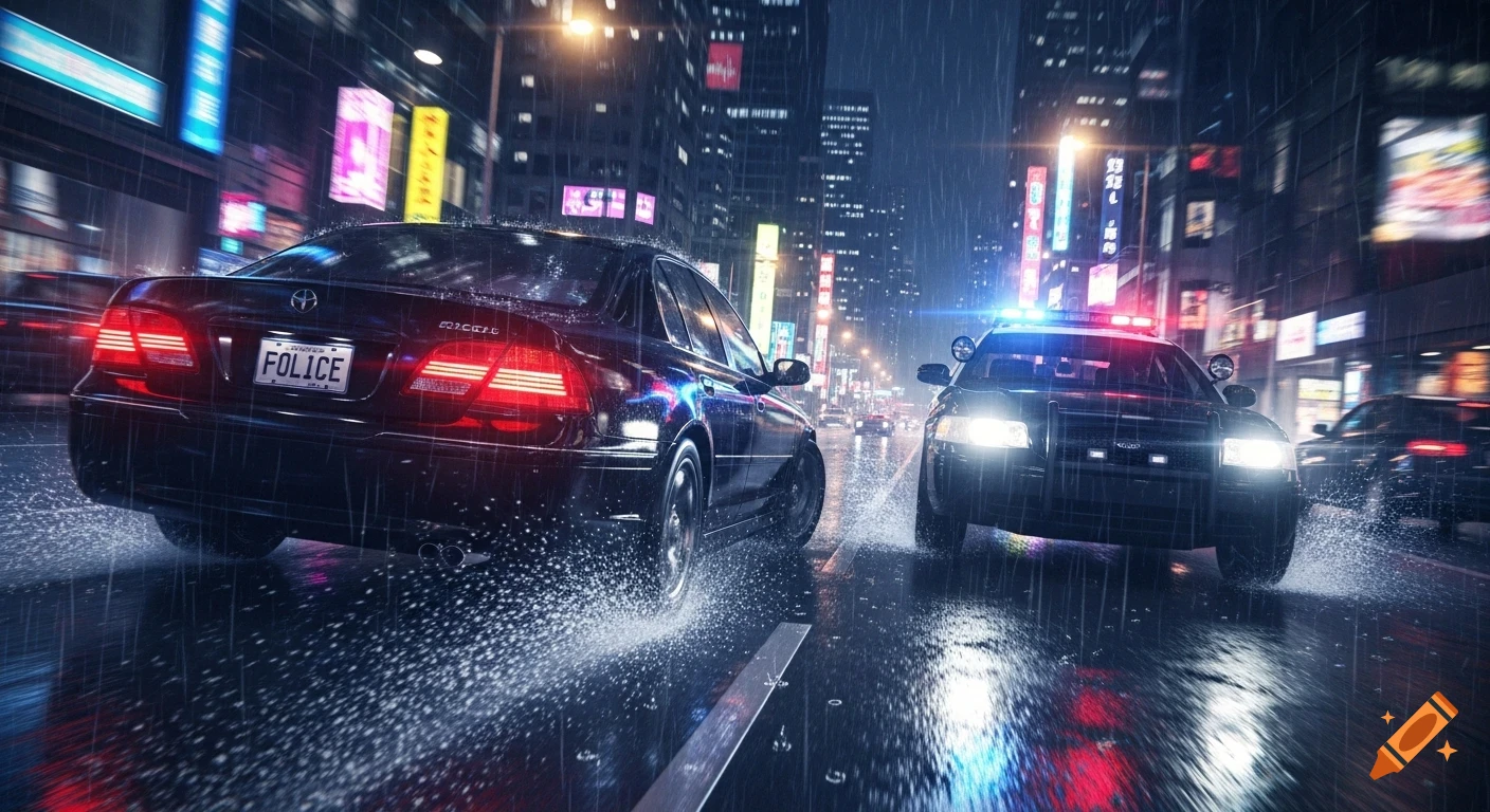 A black sedan is being chased by a police car with flashing lights on wet, rainy city streets at night. The cars spray water.
