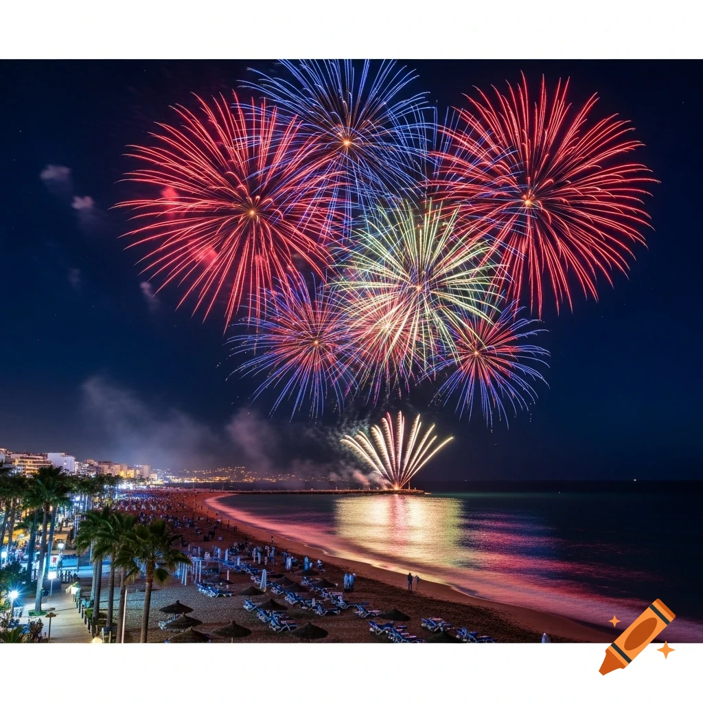 Vibrant fireworks explode over a crowded beach at night, reflecting in the ocean with buildings and palm trees lining the shore.