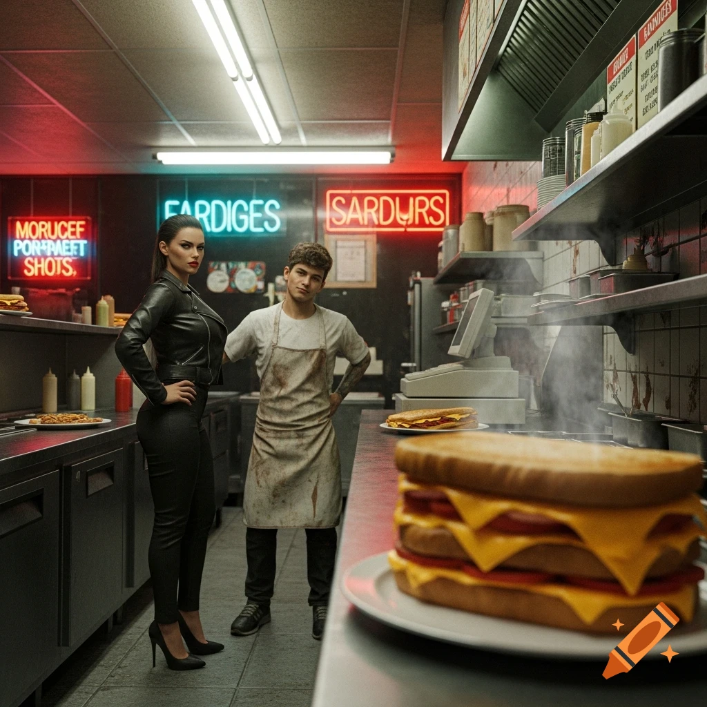 Photorealistic image of a confident woman in a leather jacket and a cook in an apron in a gritty late-night sandwich shop, with a large greasy sandwich on a plate in the foreground.