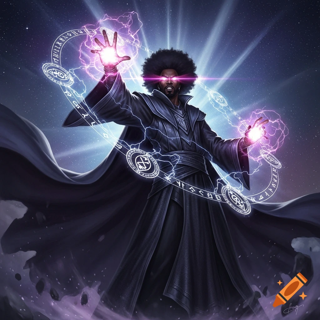 A black wizard with an afro, dressed in dark robes, unleashing purple and pink magic from his hands and eyes, surrounded by glowing runes in a cosmic background.