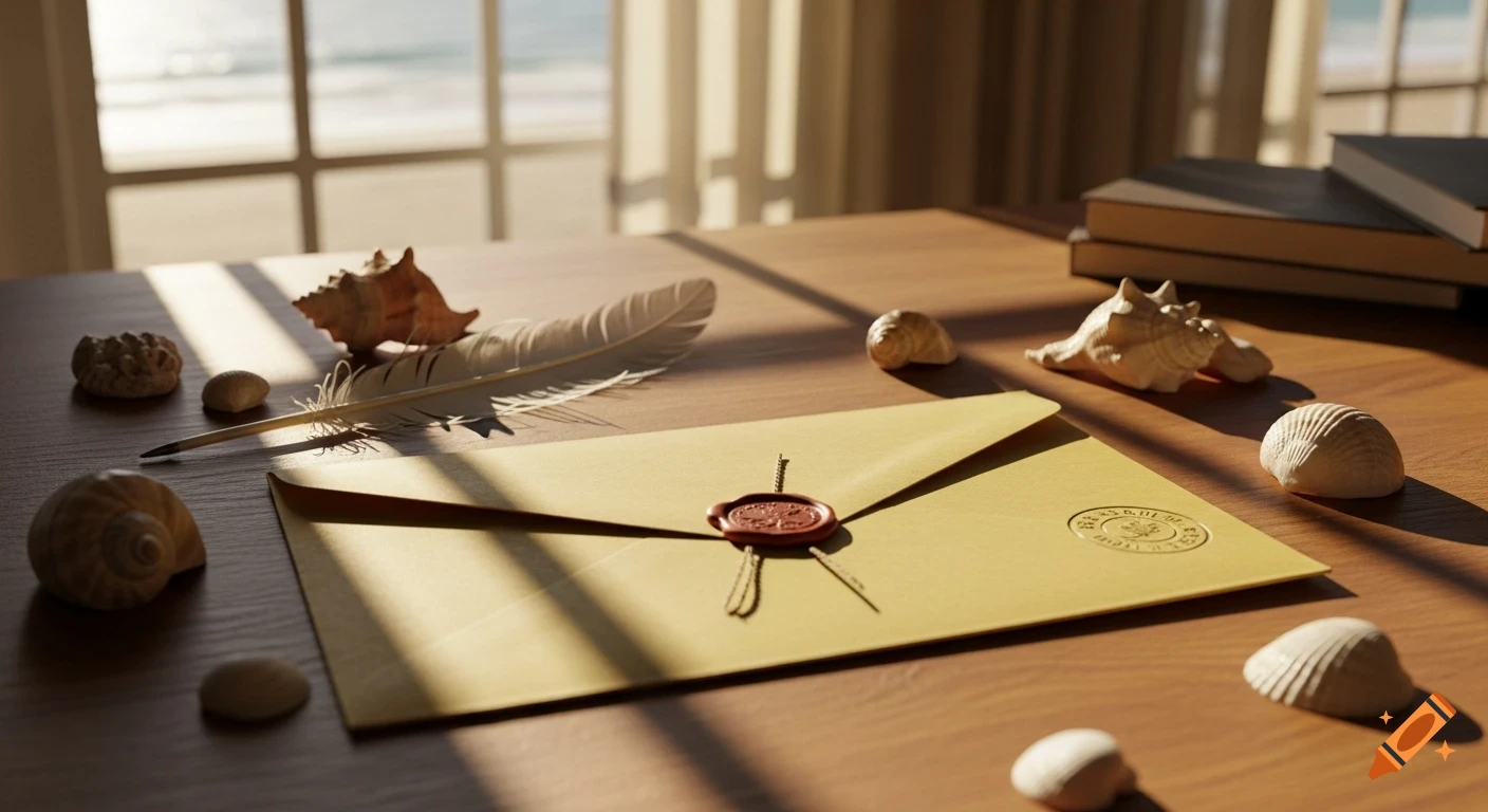 A vintage yellow envelope with a red wax seal and a feather quill, surrounded by seashells on a sunlit wooden desk with an ocean view.