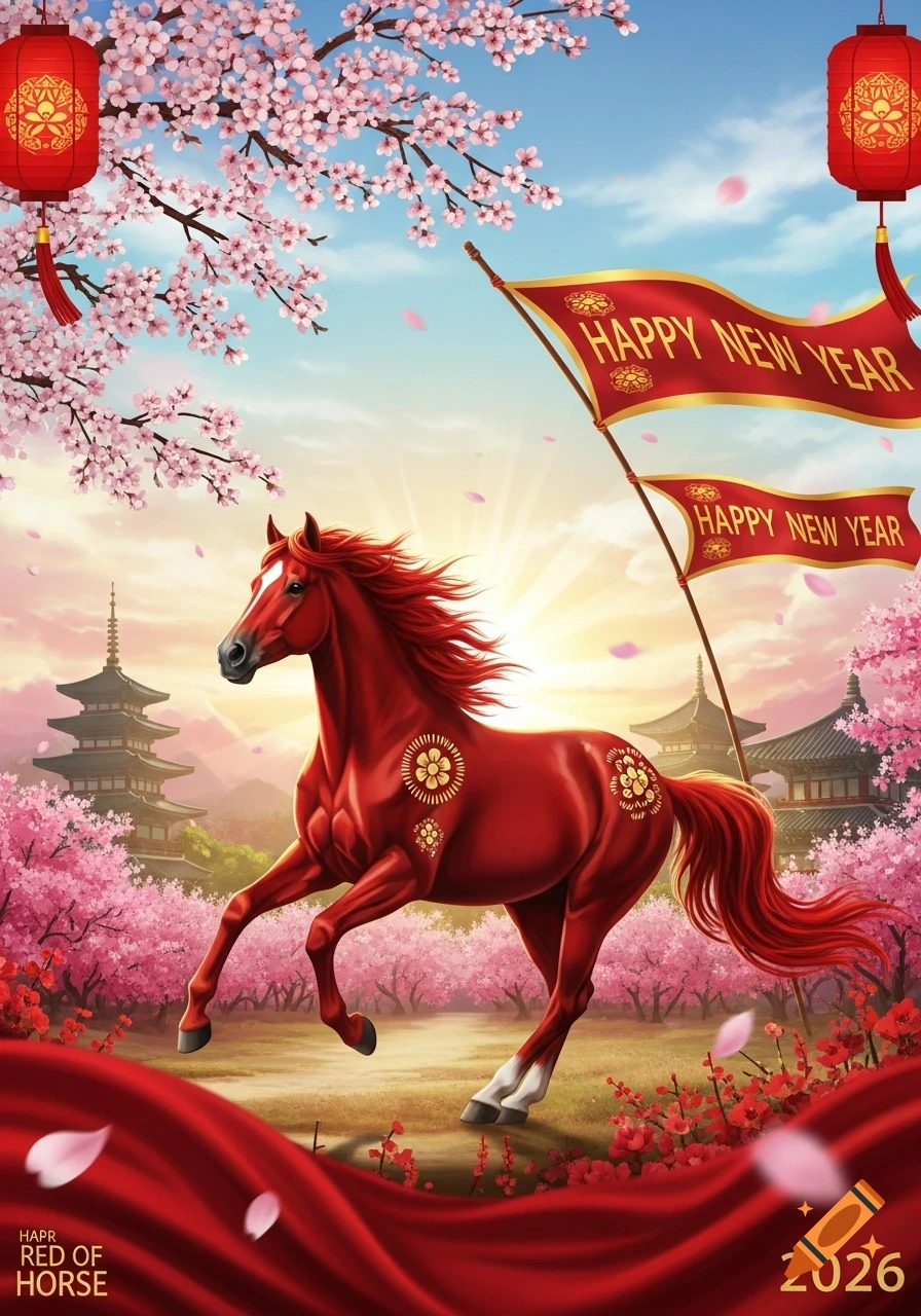 A vibrant red horse with golden floral patterns gallops amidst pink cherry blossoms and traditional pagodas. Red lanterns hang from branches, and two red banners read "HAPPY NEW YEAR". The text "HAPR RED OF HORSE" is in the bottom left and "2026" in the bottom right.