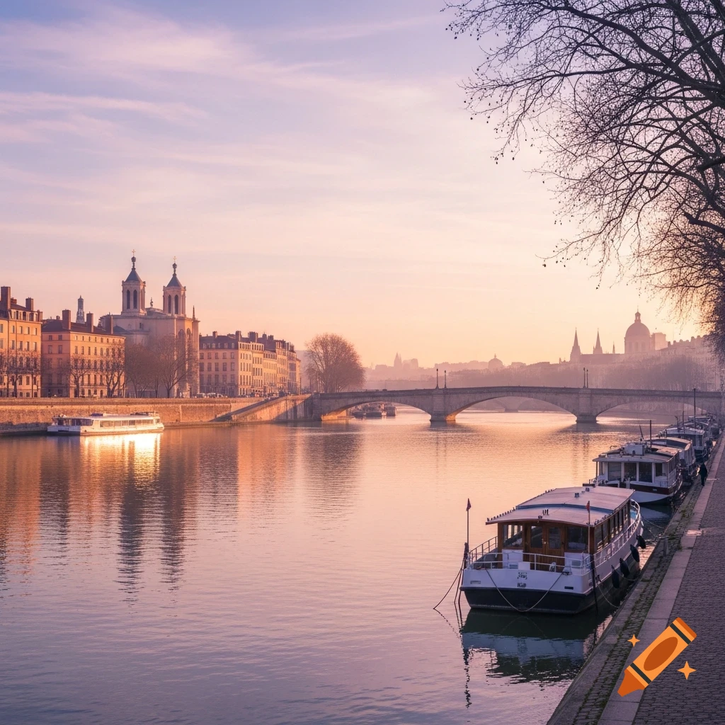 Panoramic view of a city river at sunrise or sunset, featuring a stone bridge, historic buildings, and boats reflecting in the tranquil water.