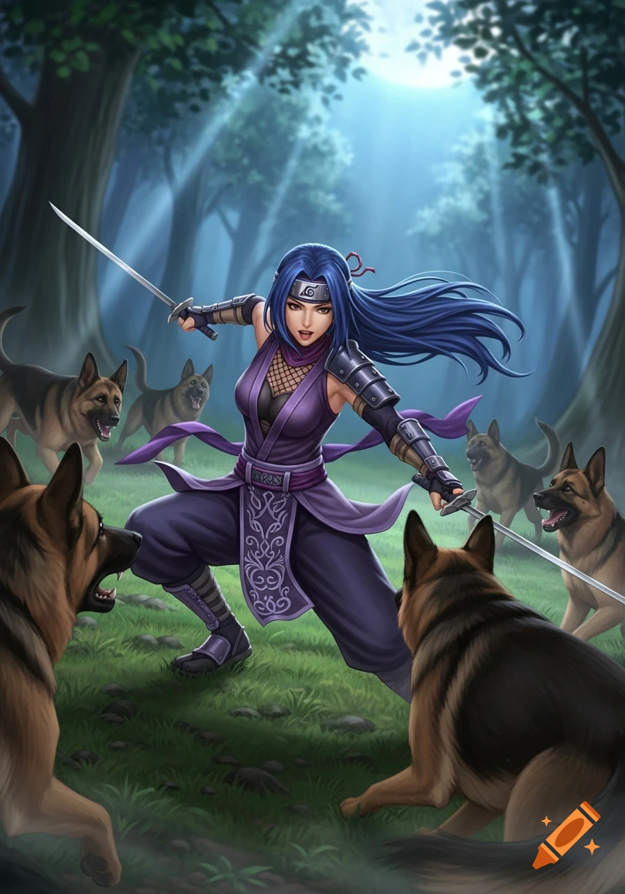 A female ninja with long blue hair and purple attire battles aggressive German Shepherds in a moonlit forest, digital illustration.