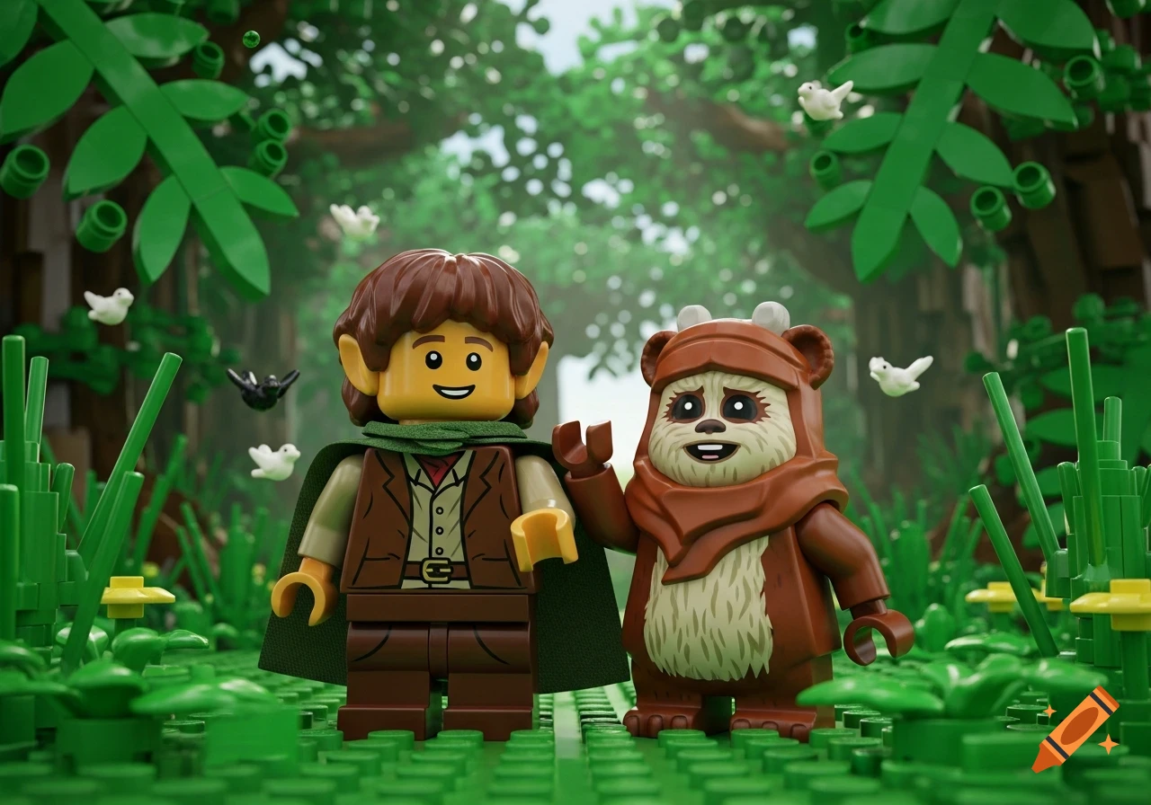 A LEGO Hobbit and an Ewok stand smiling in a vibrant green LEGO forest with small white birds flying around.
