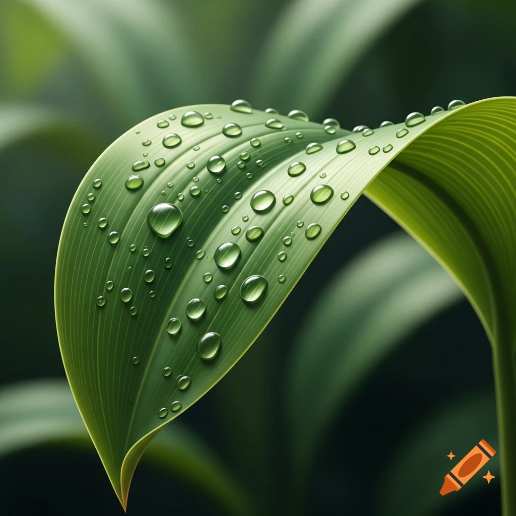 Close-up photorealistic image of a vibrant green leaf covered in numerous clear water droplets, showcasing the lotus effect.