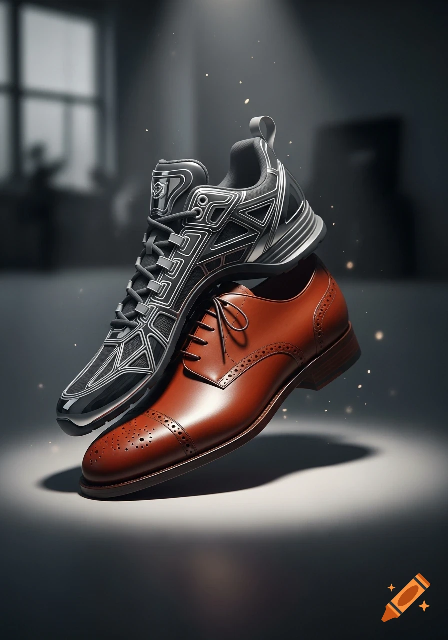 A black and silver athletic sneaker rests atop a glossy brown leather dress shoe, both floating in a spotlight against a dark, moody background.