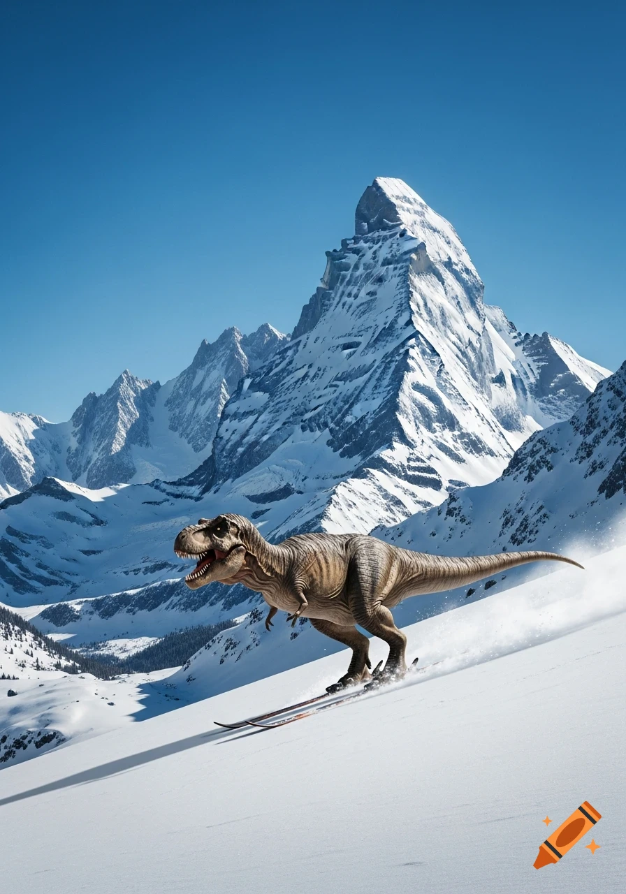 A photorealistic T-Rex skis down a snowy mountain slope with a large, snow-capped peak in the background under a blue sky.