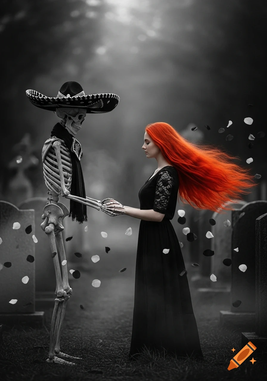 A skeleton in a sombrero holds hands with a red-haired woman in a black and white graveyard, her hair vibrantly red.