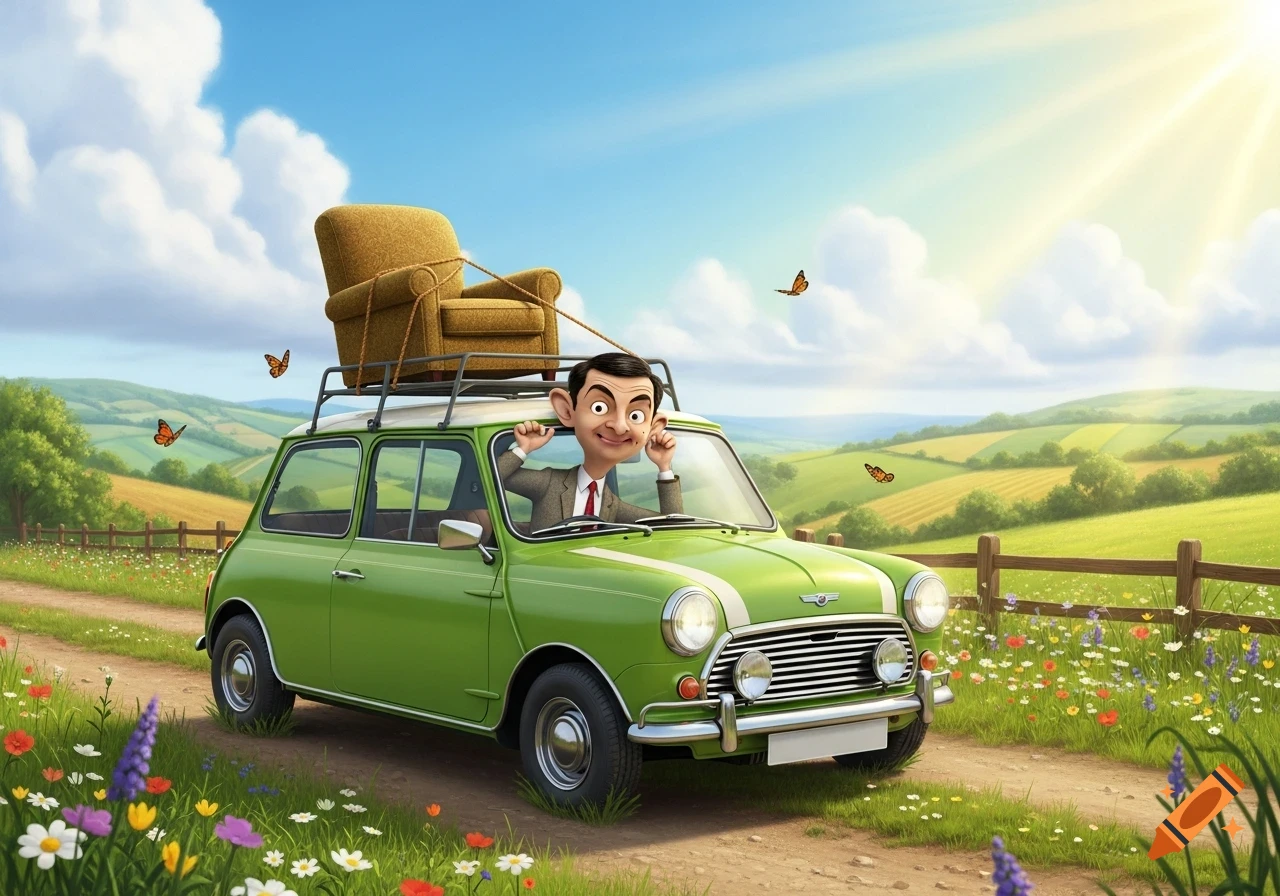 Cartoon Mr. Bean in a green Mini with an armchair on the roof drives through a sunny, flowery countryside, making a funny face.