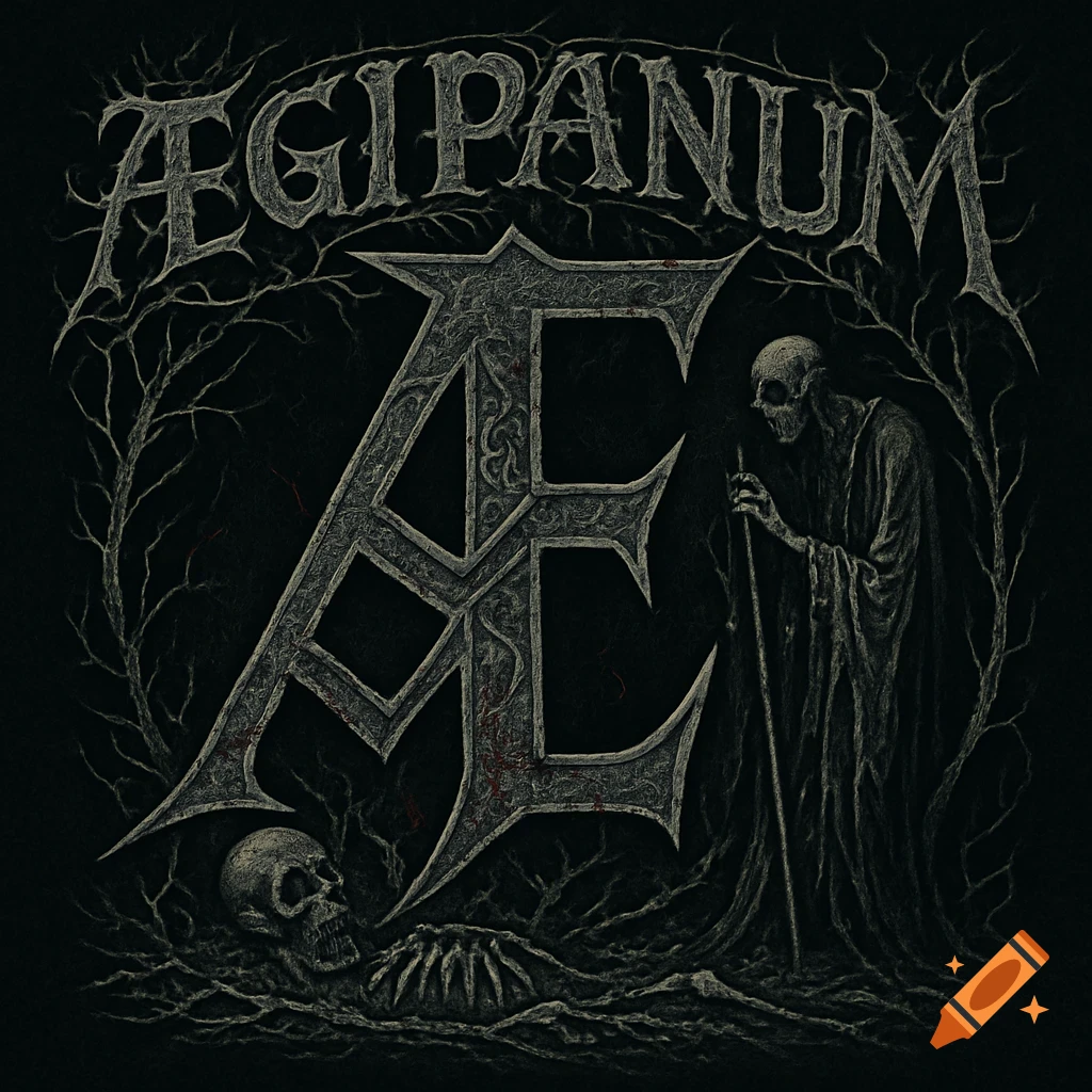 A dark, gothic-style doom metal logo with the band name "ÆGIPANUM" above a large, stylized "Æ", a skeletal figure, and a skull amidst twisted roots.