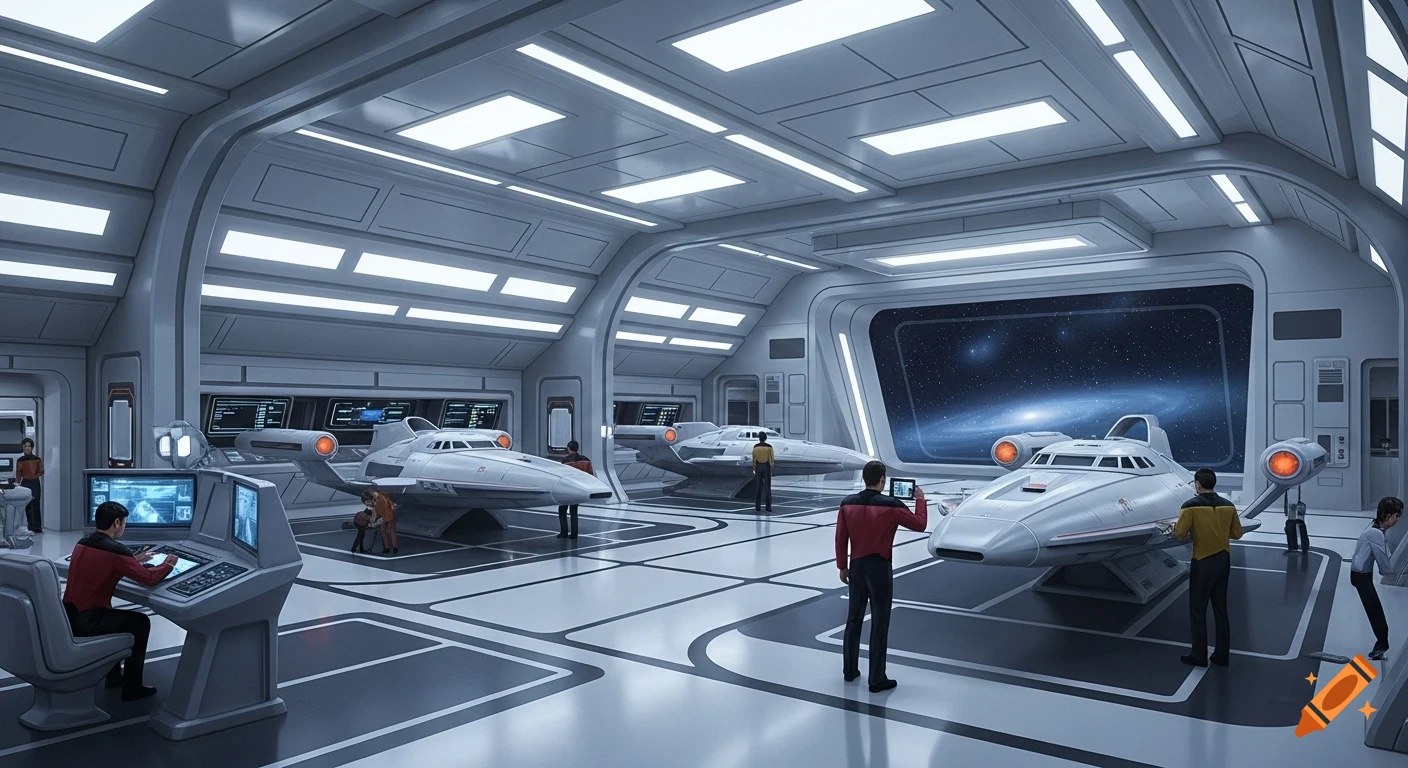 A futuristic shuttlebay with multiple white spacecraft, human crew in uniforms, and a large window showing outer space.