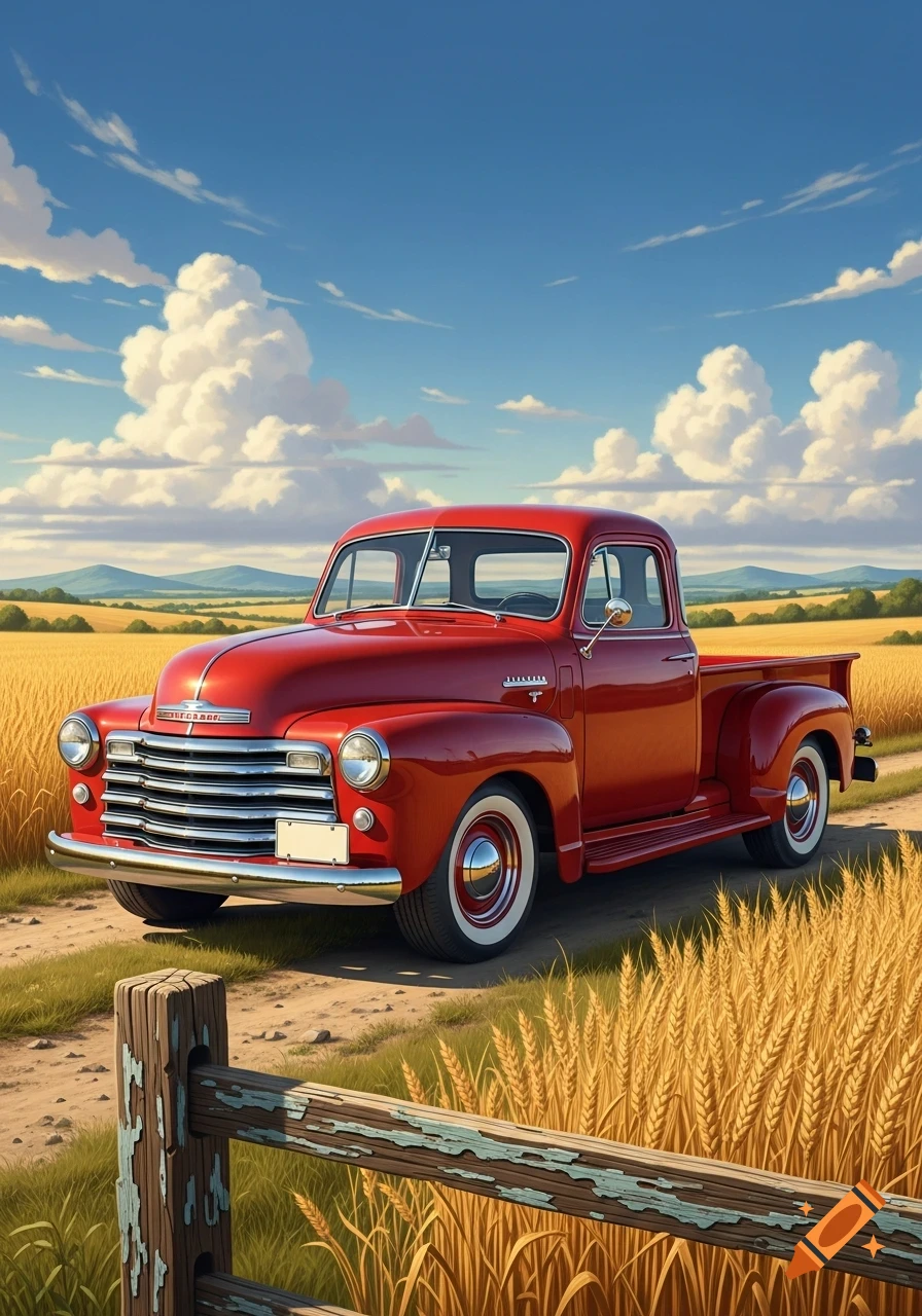Vibrant red classic pickup truck on a dirt road through a golden wheat field under a blue sky with clouds.