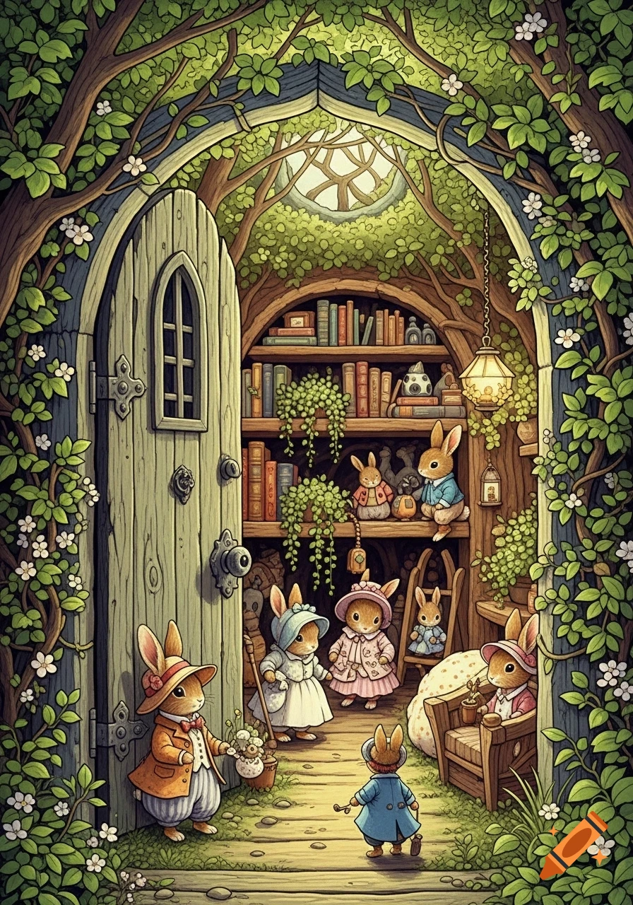 Whimsical children's illustration of anthropomorphic rabbits in a cozy tree-trunk home with bookshelves and lush greenery.