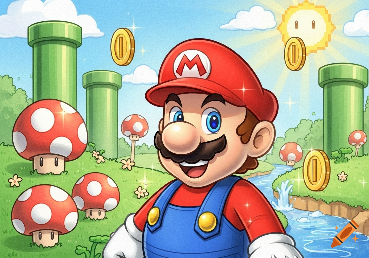 A cartoon illustration of Mario smiling in a vibrant Super Mario Bros. landscape with pipes, mushrooms, and floating coins.