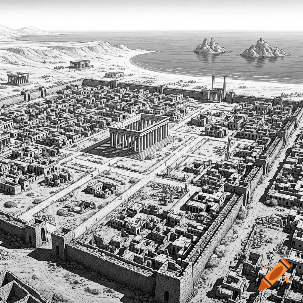 Detailed black and white drawing of an ancient ruined city by the sea, with a large central temple, crumbling walls, and distant islands.