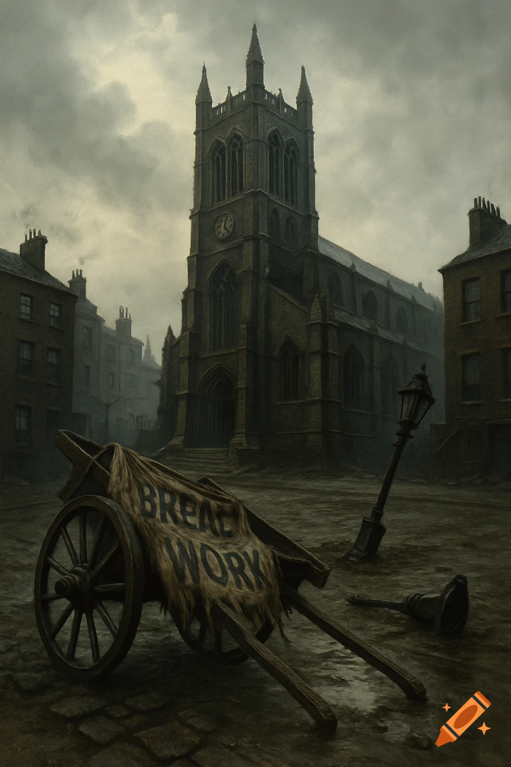 A gloomy, cinematic scene of a towering Gothic Revival church in Victorian London, with an overturned cart displaying a 'BREAD WORK' banner in the foreground.