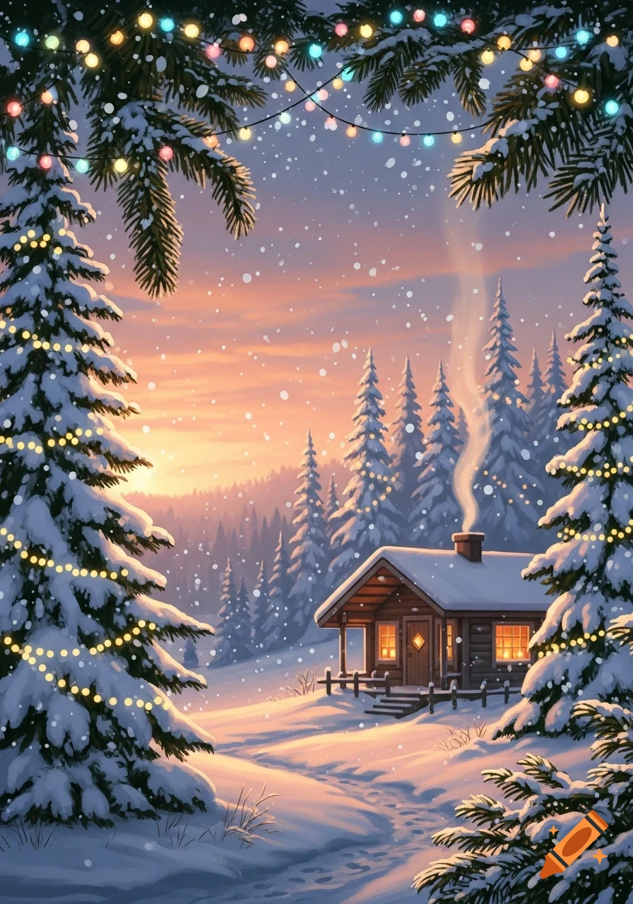 A snowy winter landscape at sunset with a cozy cabin, pine trees ...