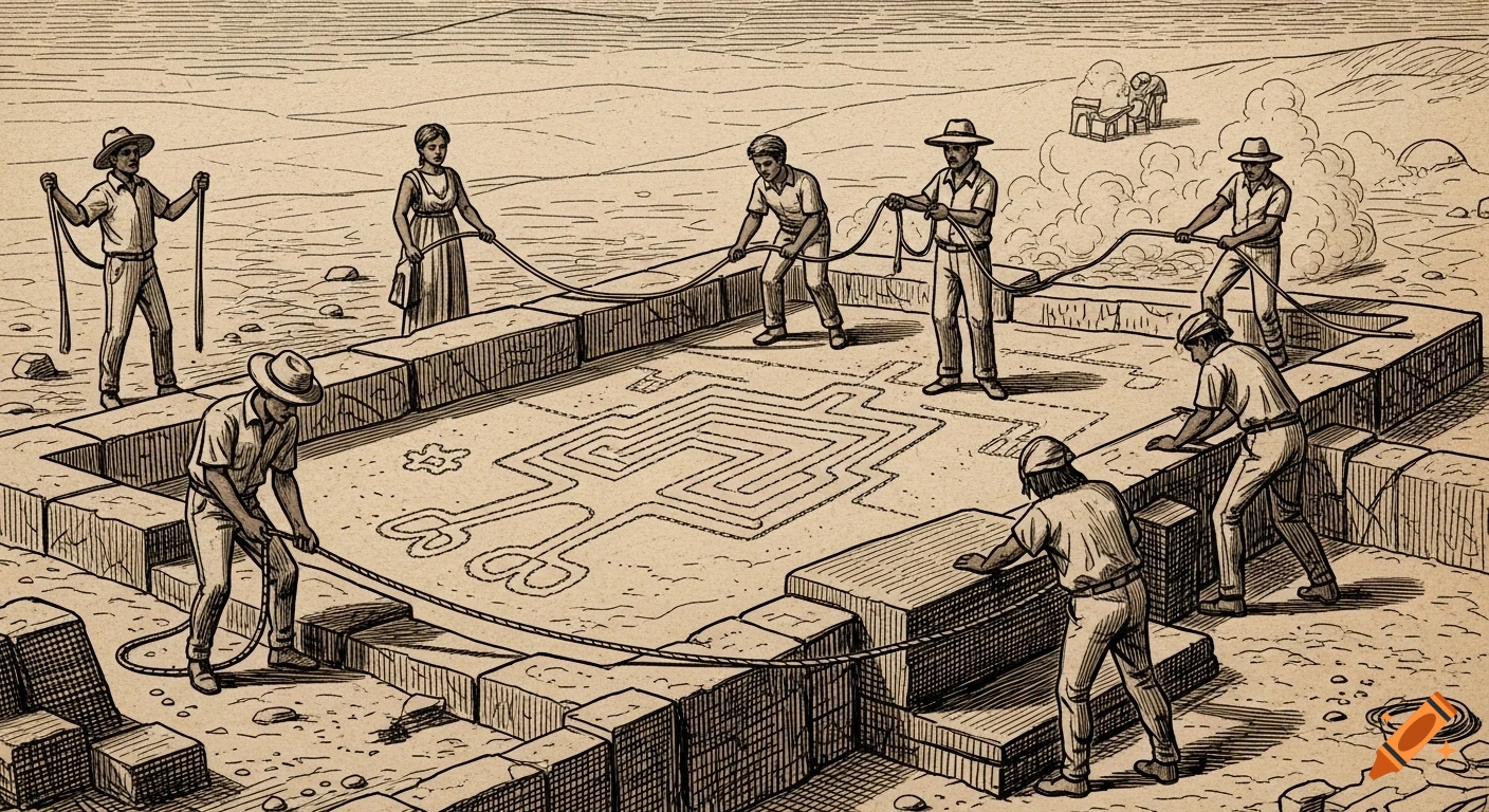 An old sepia engraving depicts workers at an archaeological site in a desert, pulling ropes around a rectangular trench with a geometric pattern.